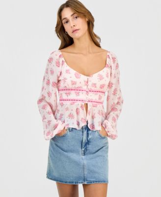 Derek Heart - Juniors' Long Sleeve Woven Button-Front Blouse