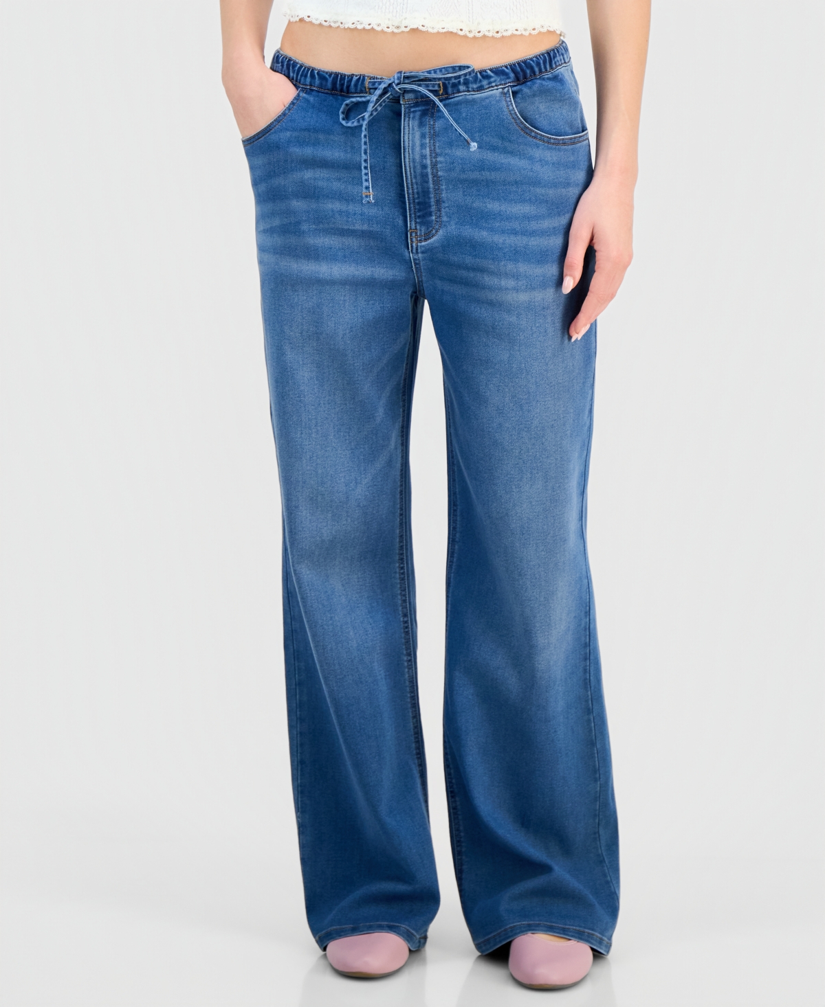 Indigo Rein Juniors' Med Knit Denim Wide-Leg Jeans