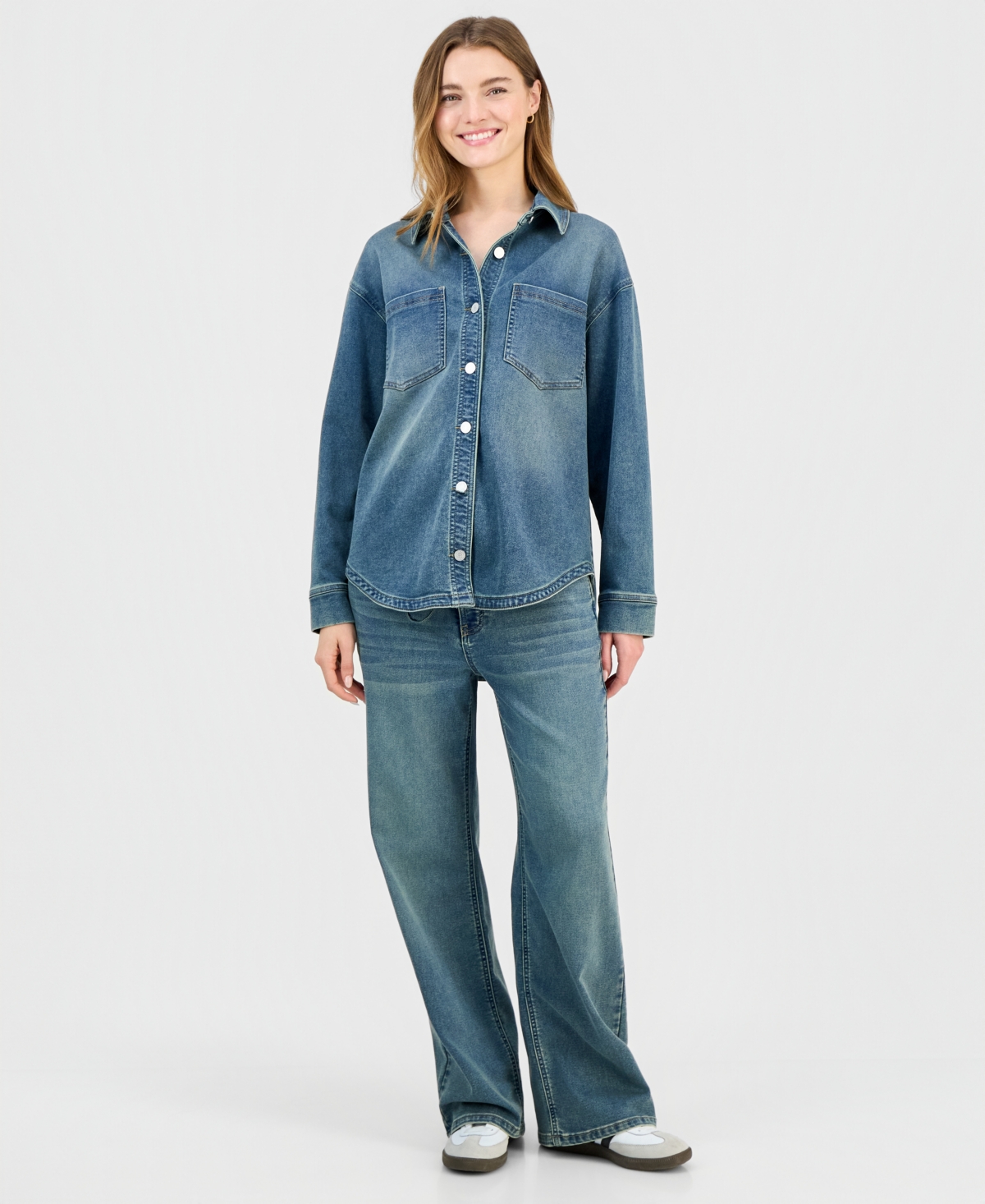 Indigo Rein Juniors' Knit Denim Button-up Shirt In Blue