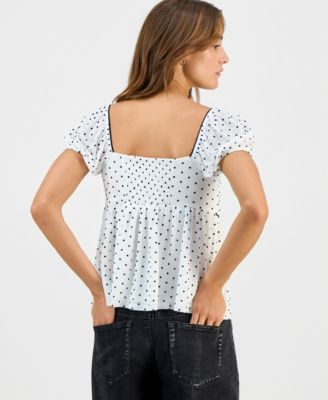 Juniors' Short-Sleeve Flocked Babydoll Top