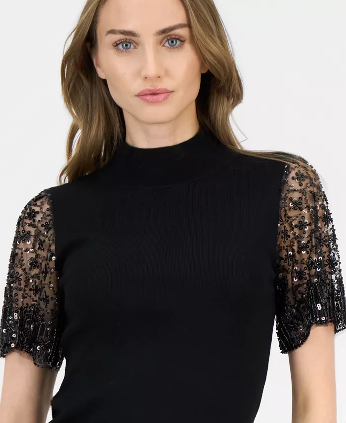 Women's Beaded-Sleeve Mock Neck Sweater - thumbnail 7