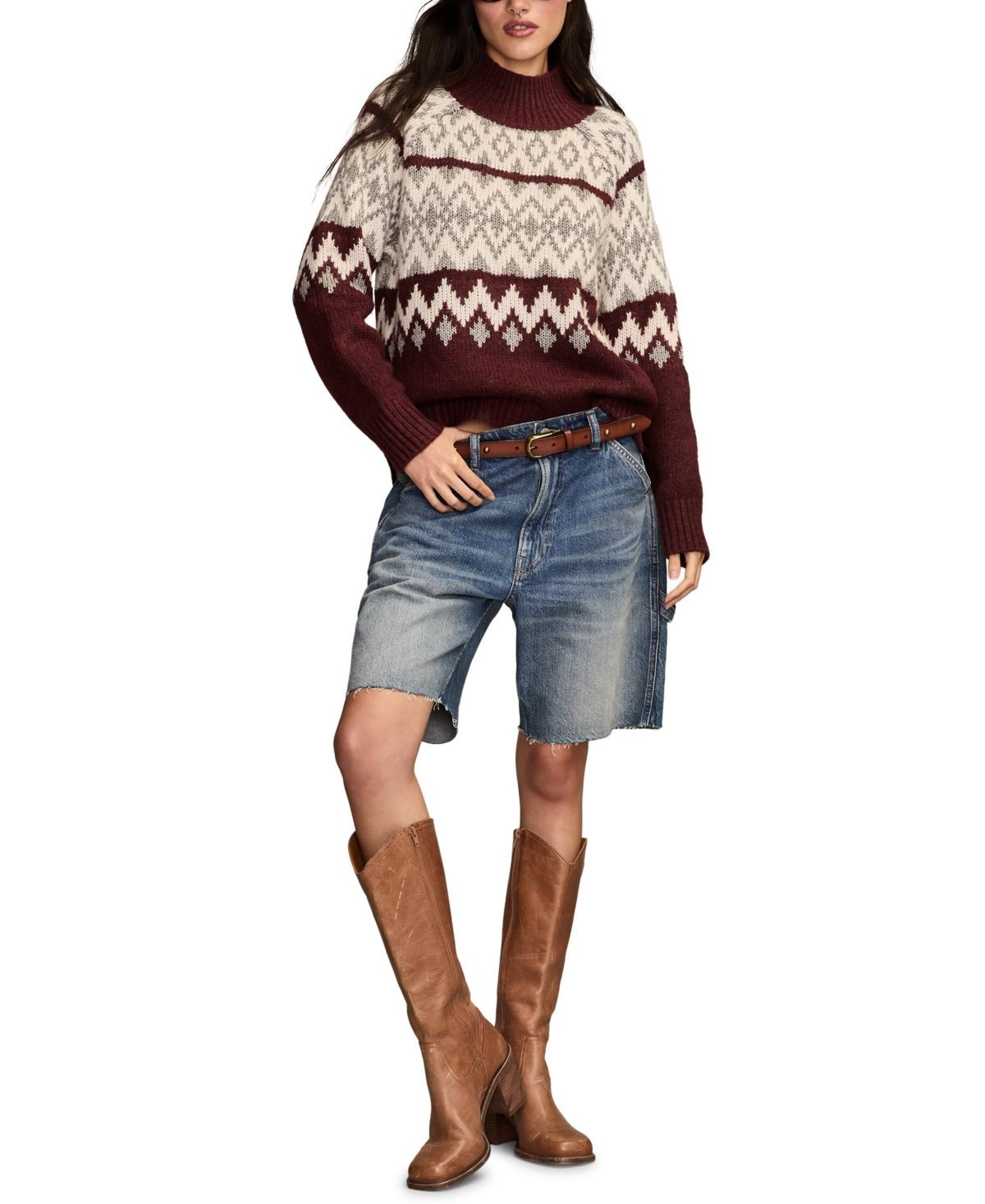 Lucky Brand Fair Isle Mock Neck Sweater In Burgundy