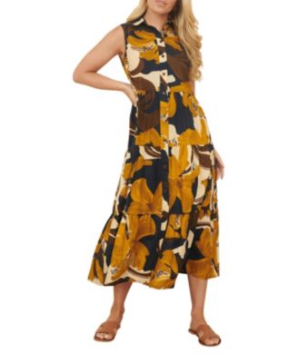 Women's Cotton Leaf Midi Sleeveless Shirt Dress