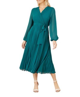 Women's Long Sleeved Pleated Midi Wrap Dress