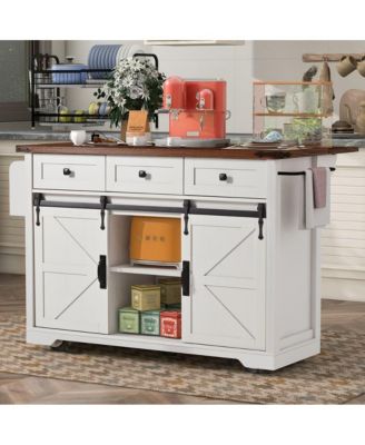 53.7" Farmhouse Kitchen Island with Drop Leaf, Power Outlet, Barn Doors & Drawers, Rolling Storage Cart
