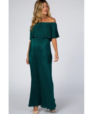 Maternity Forest Green Pleated Ruffle Off Shoulder Maxi Dress
