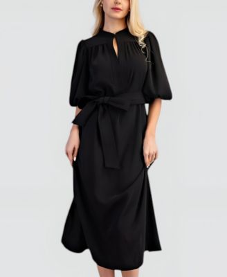 Women's Belted Puff Sleeve Midi Dress