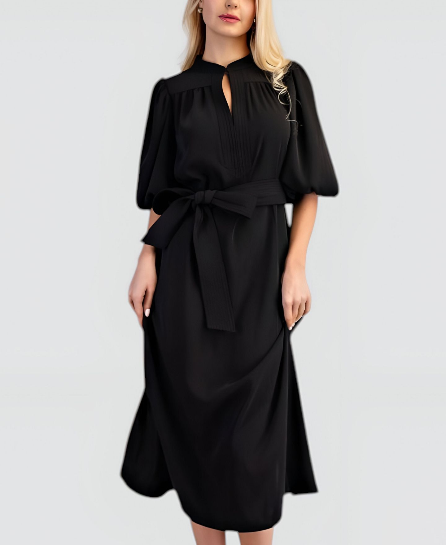 Женское платье Modenaire Lark Puff Sleeve Self-Tie Midi, цвет: Чёрный — фото 4