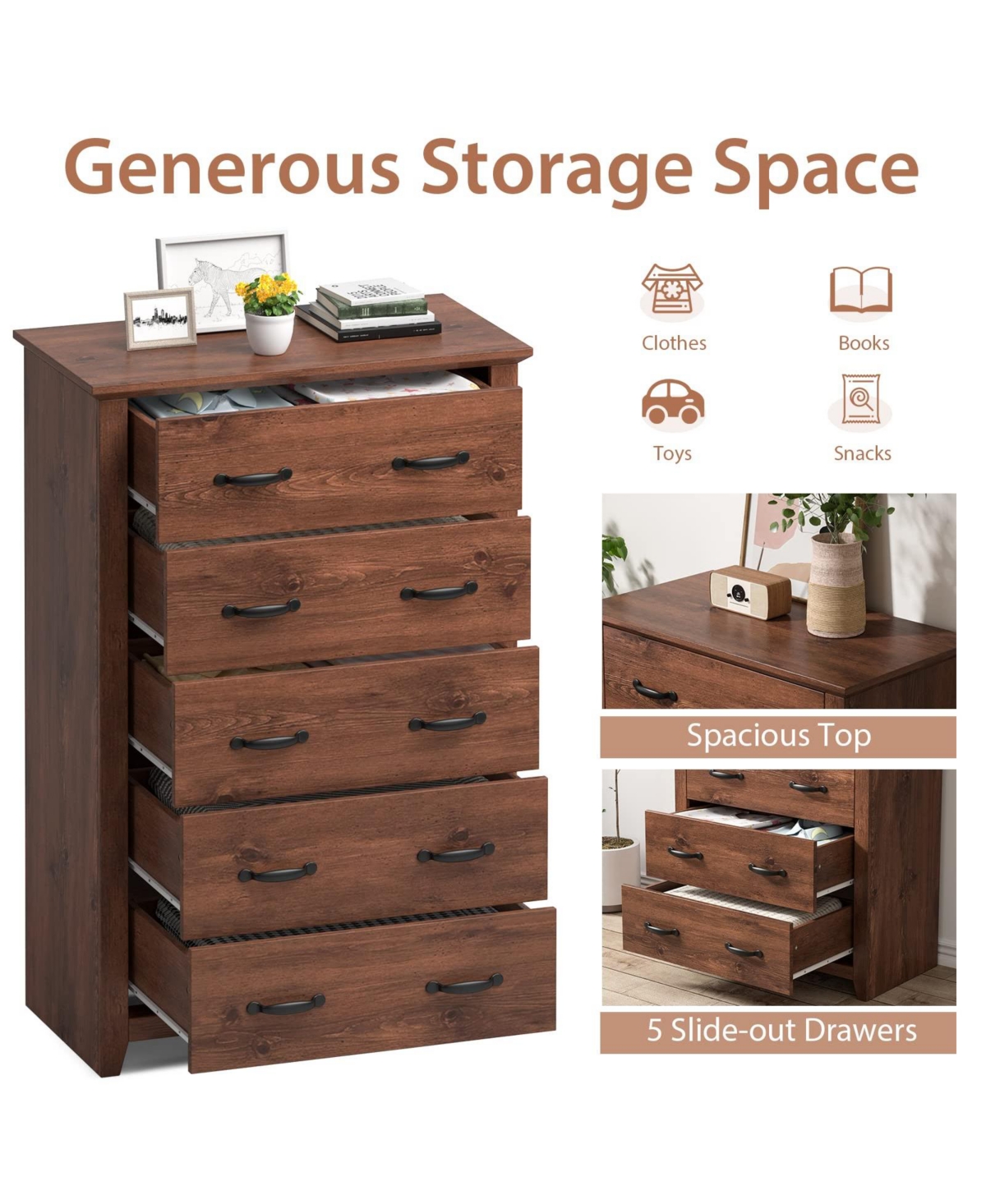 Tall Storage Dresser with 5 Pull-out Drawers for Bedroom Living Room