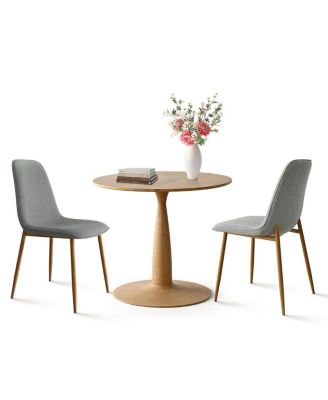 3-Piece 34.5" Dining Set with Sculpted Pedestal Table and 2 Upholstered Chairs with Curved Back and Light Wood Legs
