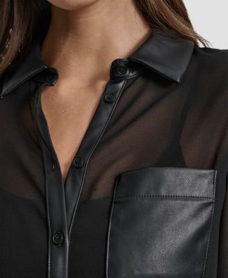 Women's Faux-Leather Trim Sheer-Mesh Shirt