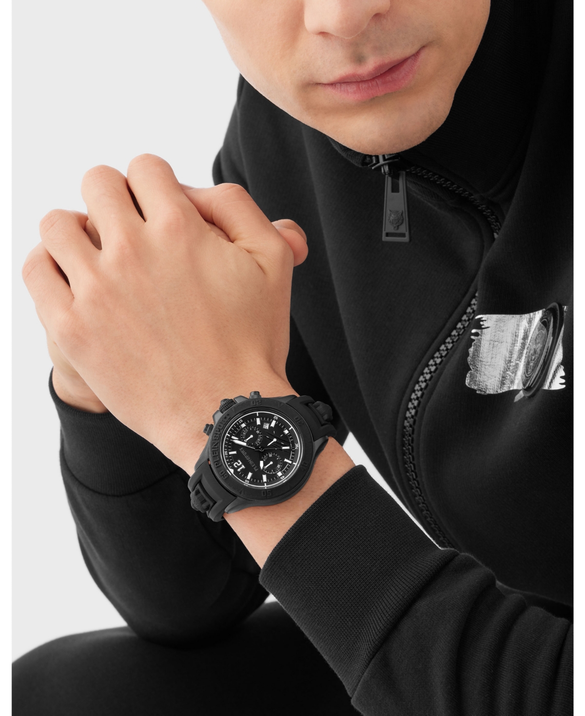 Plein Sport Mens Warrior Tech Chronograph Date Quartz Black Silicone Strap 47.5mm