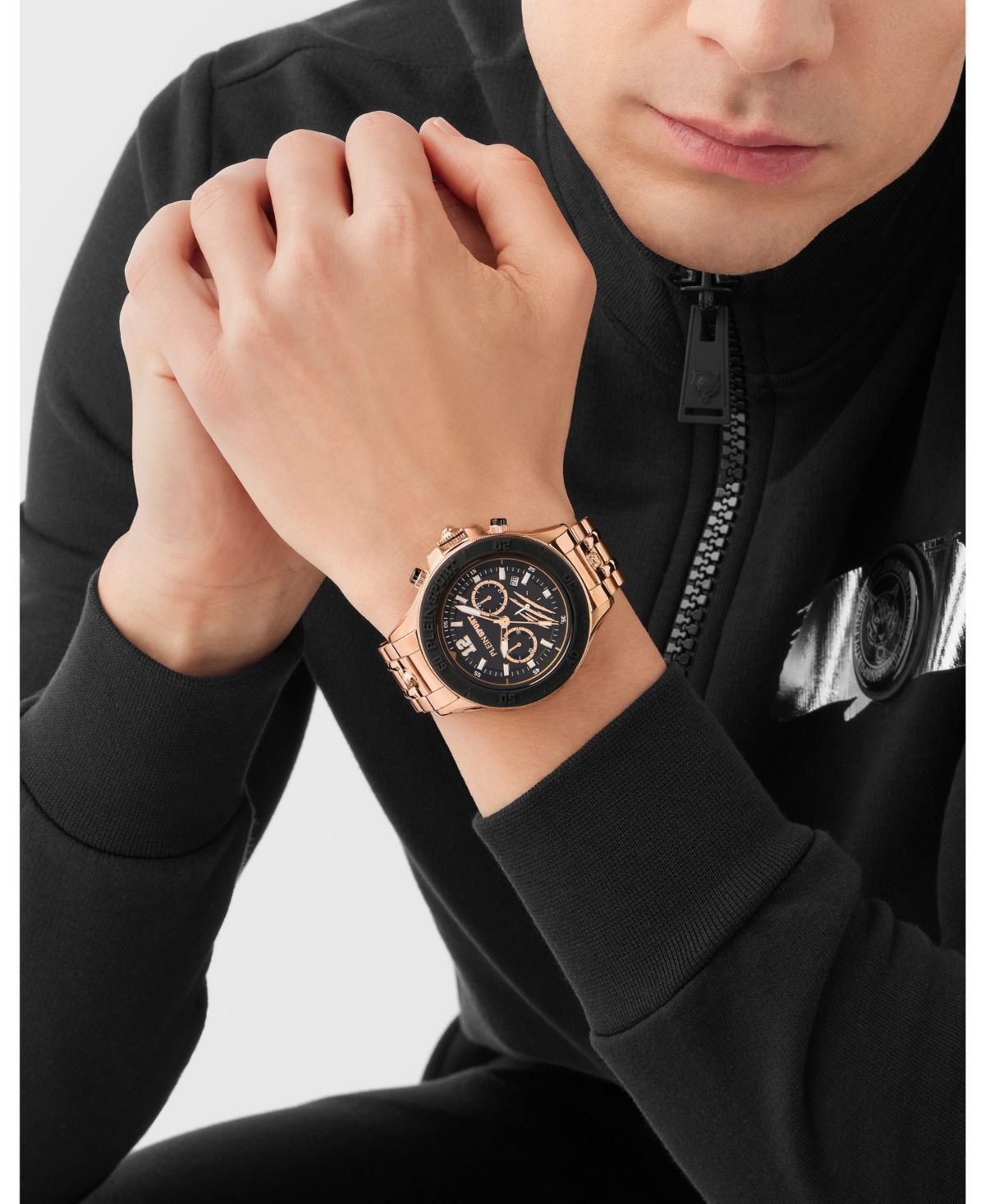 Plein Sport Mens Warrior Tech Chronograph Date Quartz Ip Rose Gold Bracelet 47.5mm