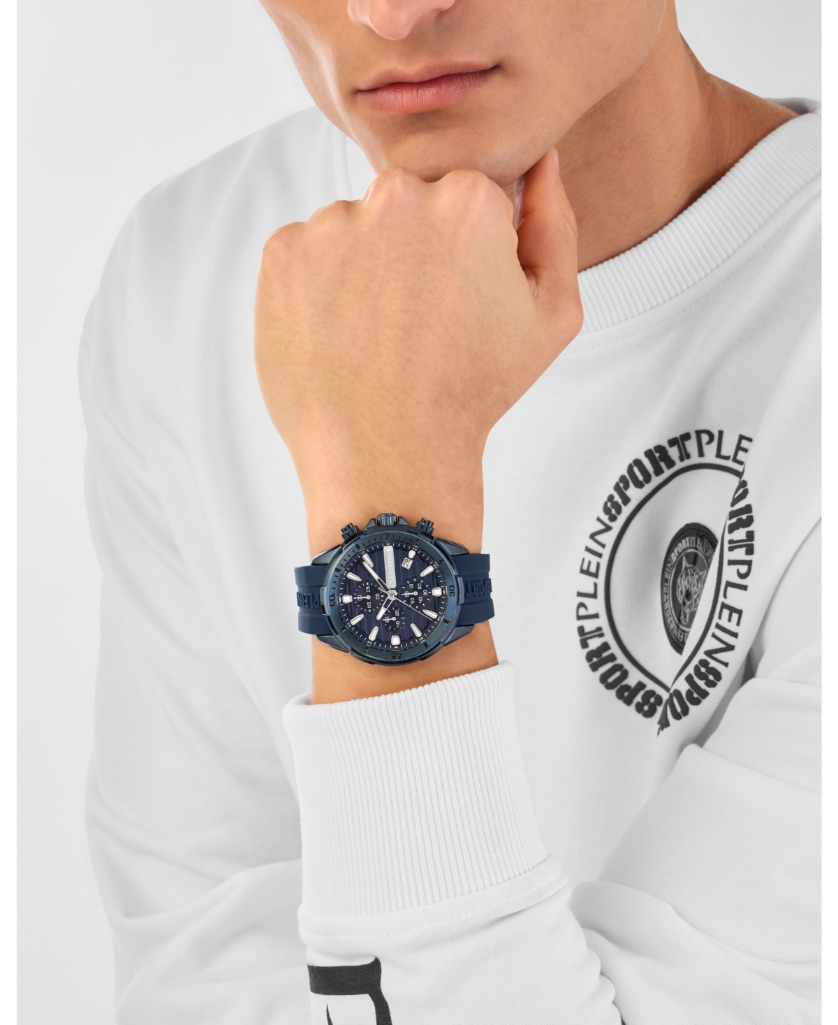 Plein Sport Mens Impact Chronograph Date Quartz Blue Silicone Strap 46MM