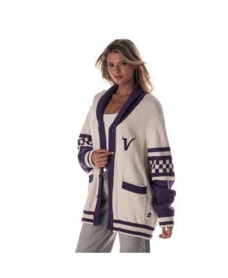 The Wild Collective - Men's and Women's Cream Minnesota Vikings Jacquard Rolled Collar Button-Up Cardigan Sweater