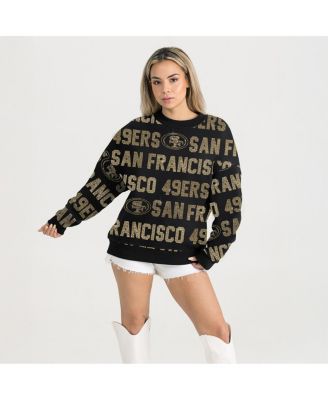 Women's Black San Francisco 49ers Relaxed Drop Shoulder Hype Era Rhinestone Text Sweatshirt