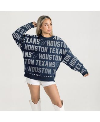 Gameday Couture - Women's Navy Houston Texans Relaxed Drop Shoulder Hype Era Rhinestone Text Sweatshirt
