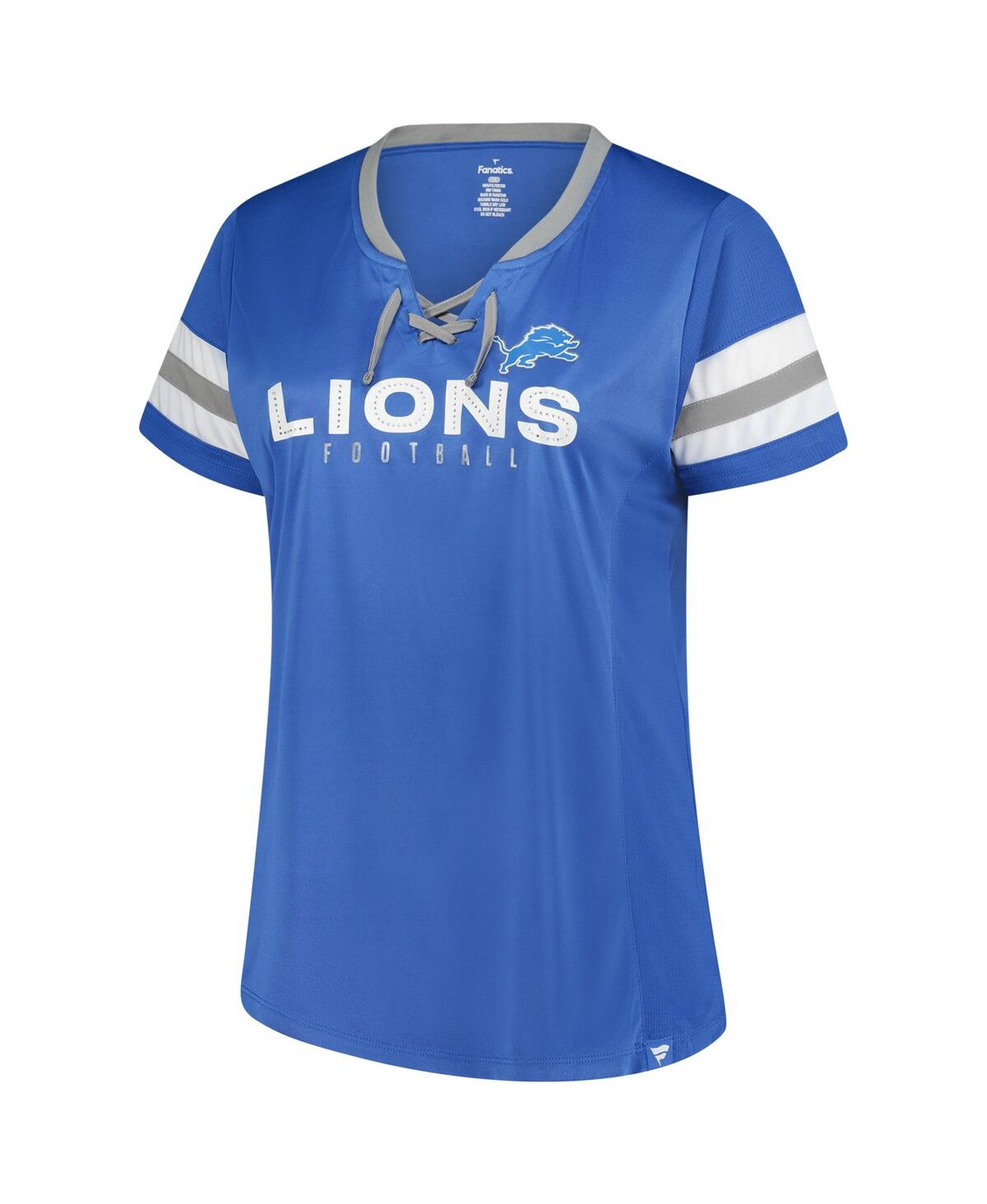 Fanatics Women's Blue Detroit Lions Plus Size Rhinestone Redzone Athena Lace-up Notch Neck T-shirt In Blue