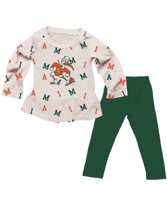 Wes & Willy - Girls Toddler 2-Piece Oatmeal Miami Hurricanes Ruffle Raglan Long Sleeve T-Shirt and Leggings Set