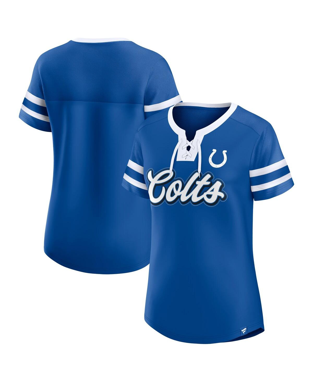 Fanatics Women's Royal Indianapolis Colts True Catch Iconic Rhinestone Bling Athena Lace-up T-shirt In Blue