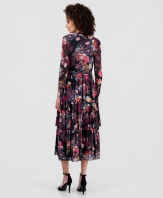 Women's Floral Mock Neck Tiered Midi Dress