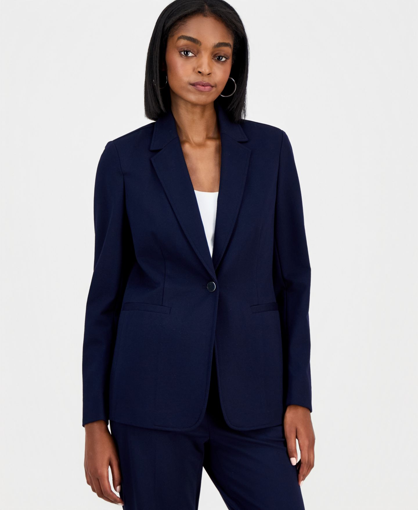 Женский пиджак Bar III Compression Notch-Collar Single Button Blazer, цвет: Тёмно-синий — фото 1