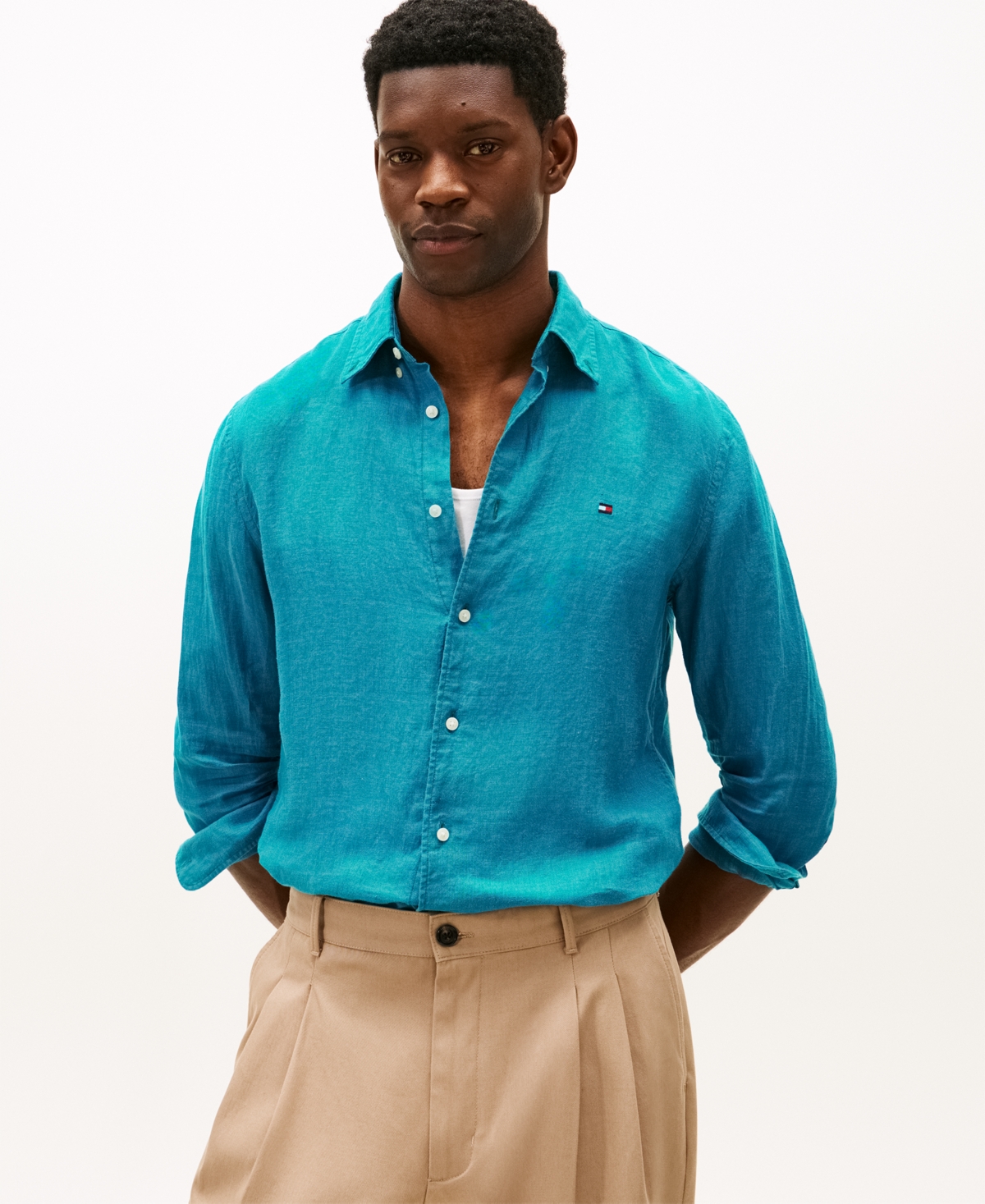 Tommy Hilfiger Men's Pigment-Dyed Linen Button-Down Long Sleeve Shirt