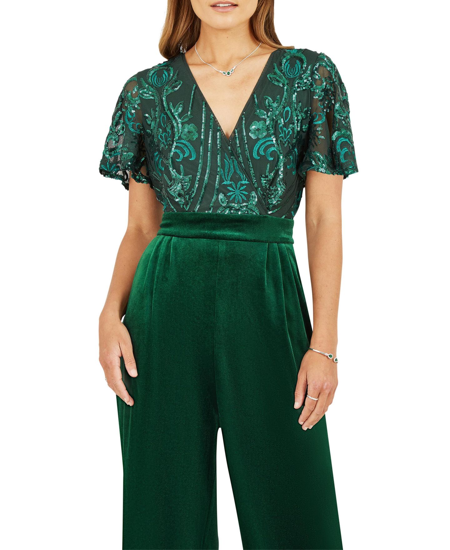 Женский комбинезон Yumi Wrap Sequin Embellished Velvet Jumpsuit, цвет: Зелёный — фото 7
