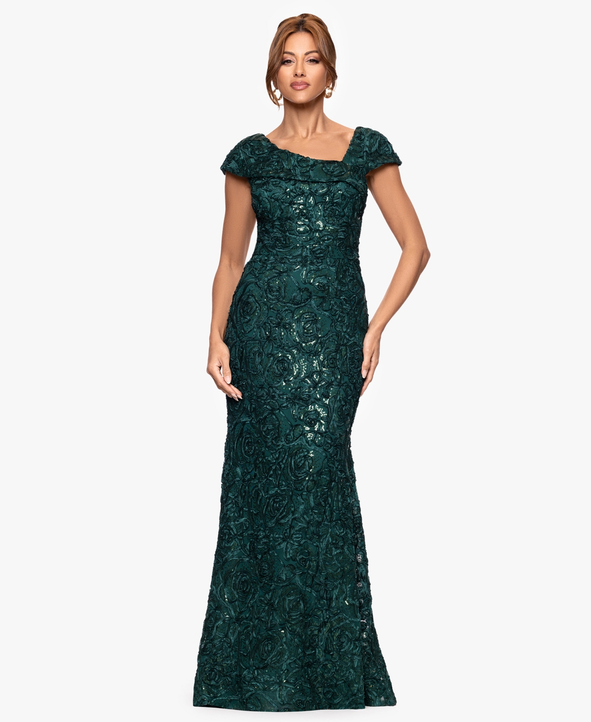 Xscape Petite Long Lace Asymmetrical Neck Dress In Green