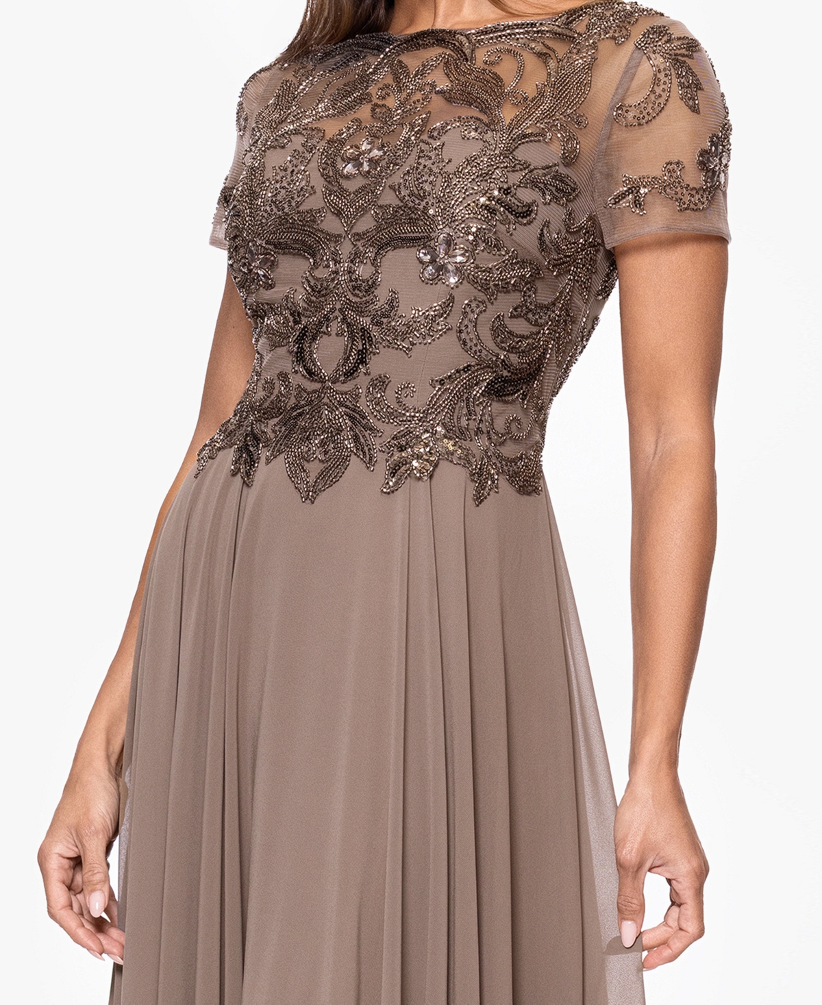 Xscape Petite Long Bead Mesh Crew Neck Dress In Brown