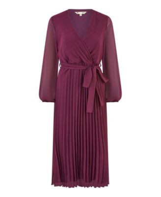 Women's Long Sleeved Pleated Midi Wrap Dress