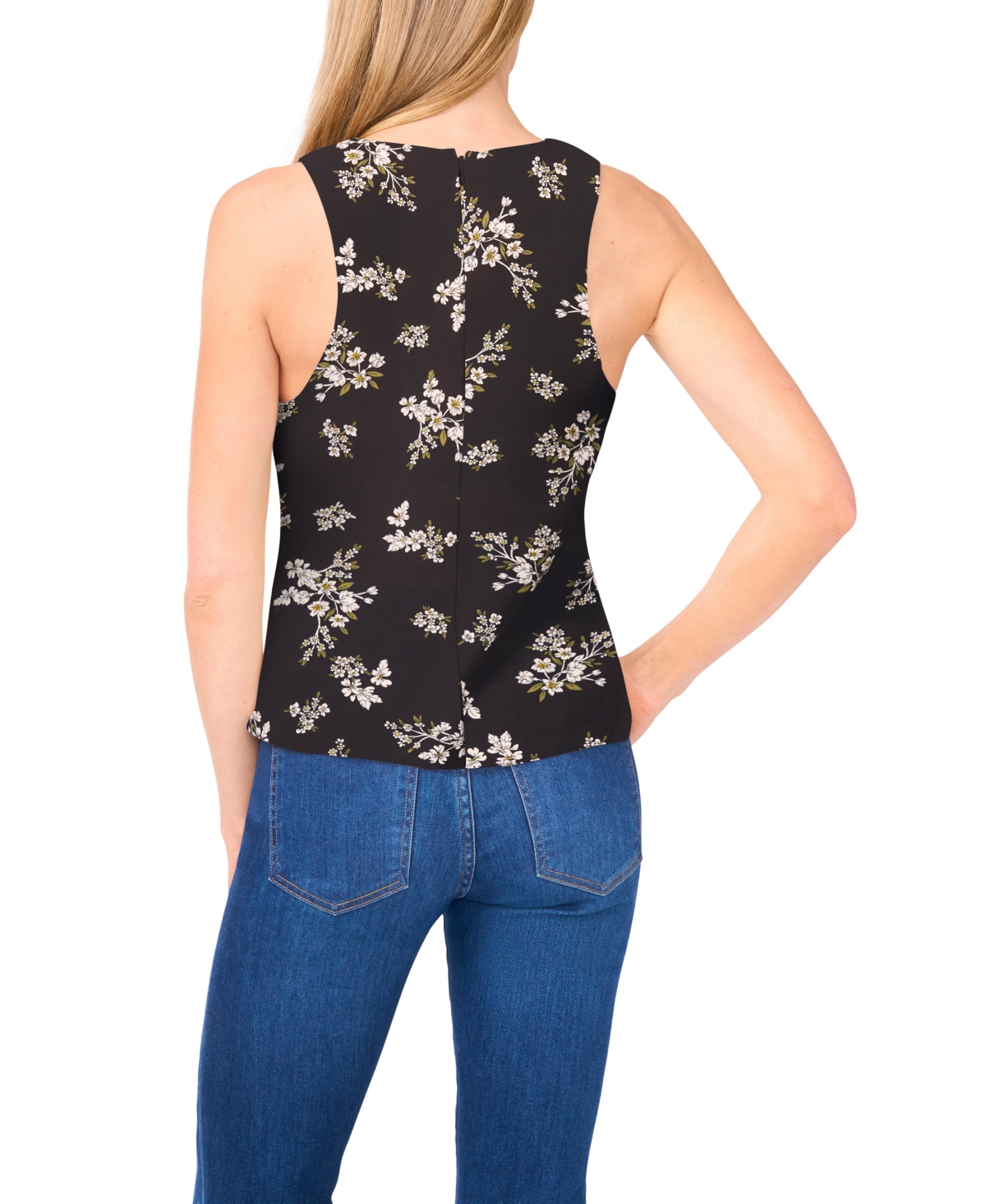 Cece Women's Floral Shirred Button Down Sleeveless Top In Black