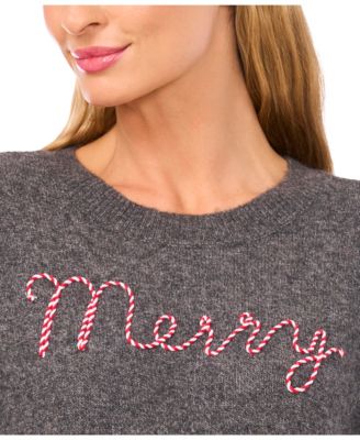 Women's "Merry" Candy Cane Script Crewneck Long-Sleeve Sweater