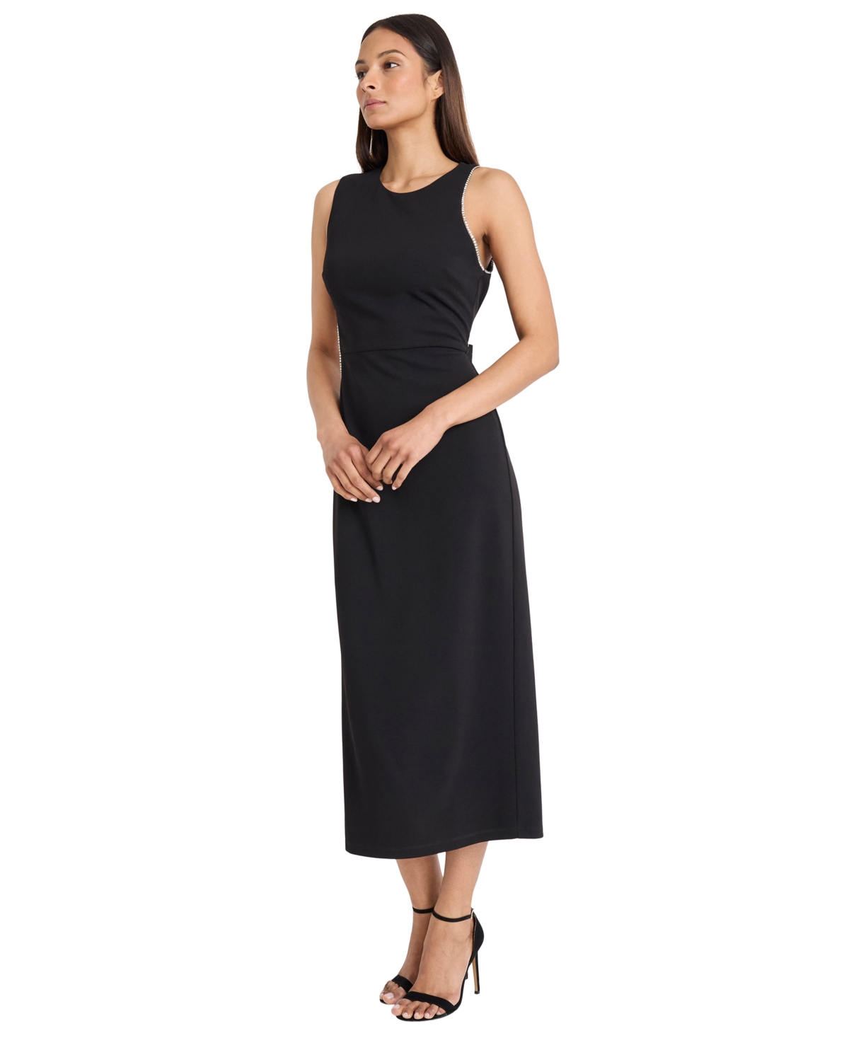 Donna Morgan For Maggy Crystal Trim Sleeveless Midi Sheath Dress In Black