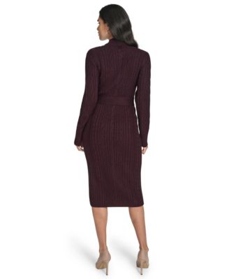 Women's Long Sleeve Mock Neck Belted Midi Sweater Dress