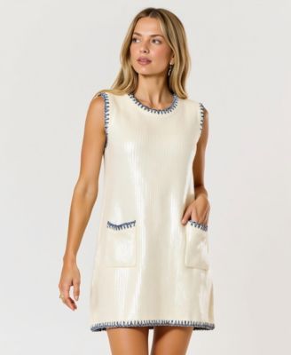 Women's Sequin Knit Sleeveless Mini Dress with Contrast Trim and Pockets