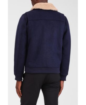 Men's Wool Blend Faux Fur Collared Bomber Jacket