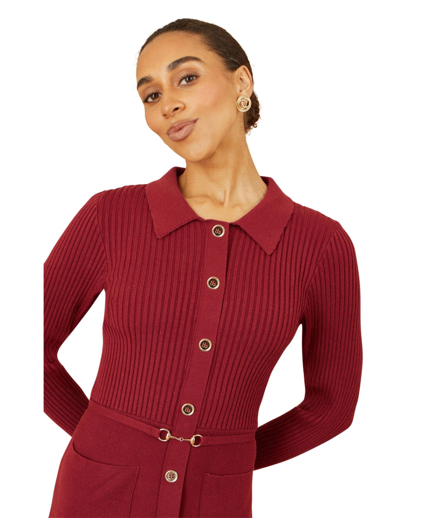 Женское платье Yumi Belted Rib Knit Midi With Pockets, цвет: Бордовый — фото 6
