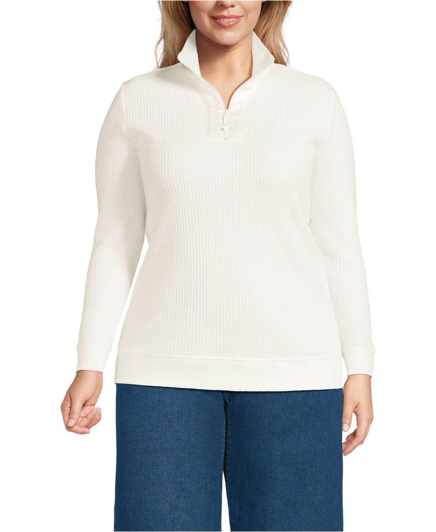 Женский свитер Lands' End Plus Size Long Sleeve Waffle Quarter Zip Pullover, цвет: Слоновая кость — фото 1