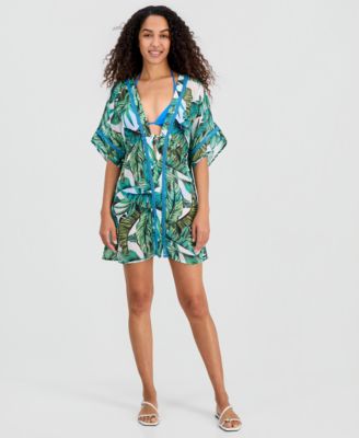 Juniors' Leaf-Trim Palm-Print Cover-Up Kimono, Macy's Exclusive
