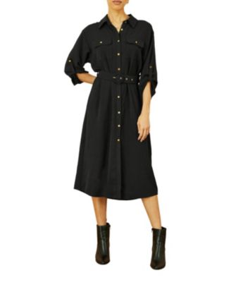 Women's 3/4 Sleeve Belted Midi Shirt Dress