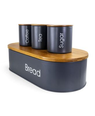 Bamboo Kitchen Countertop 4 Piece Metal Bread Basket and Canister Set in Gray with Lids