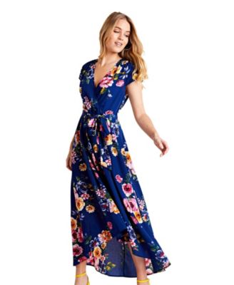 Women's Floral Print Dipped Hem Wrap Midi Dress