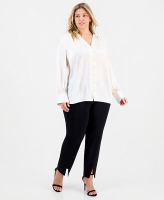 Plus Size Matte Satin V-Neck Pleated-Cuff Blouse