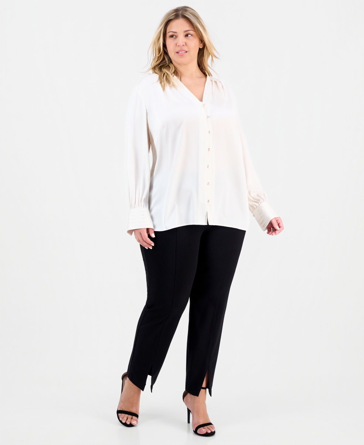 Anne Klein Plus Matte Satin V-Neck Pleated-Cuff Blouse