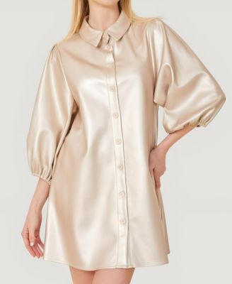 Women's Satin Button-Front Collared Puff-Sleeve Shirt Dress