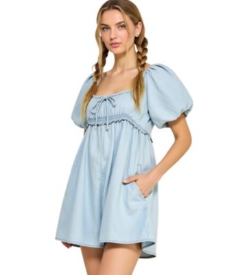 Women's Puff-Sleeve Tie-Front Empire-Waist Romper