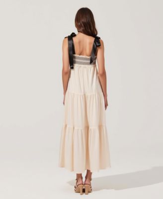 Women's Smocked Lace-Trim Maxi Dress with Satin Bow-Tie Straps