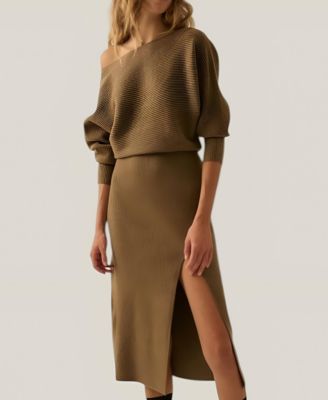 Women's Rib Knit One Shoulder Dolman Midi Sweater Dress