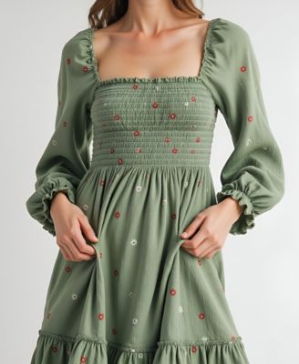 Women's Floral-Embroidered Smocked Tiered Maxi Dress